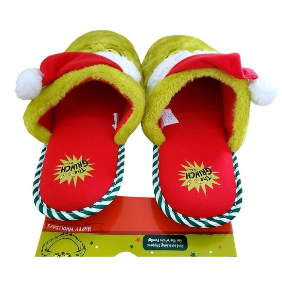 New Grinch Santa Slippers Green Red Plush Christmas House Shoes Mens Large 11/12 - Picture 4 of 11
